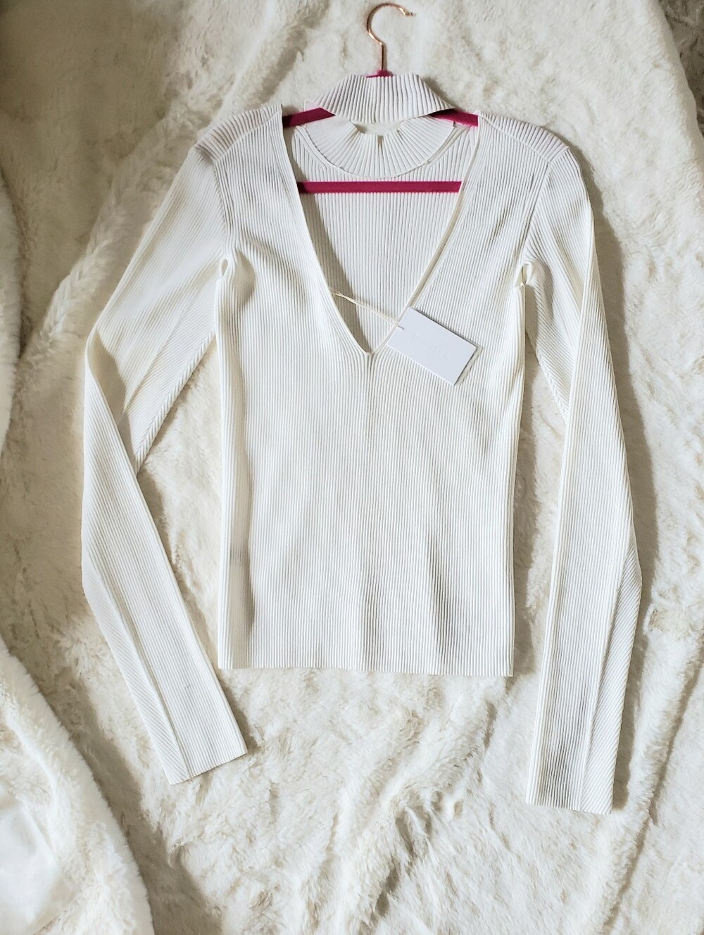 Helmut Lang Cream Ribbed V-Neck Long Sleeve Top